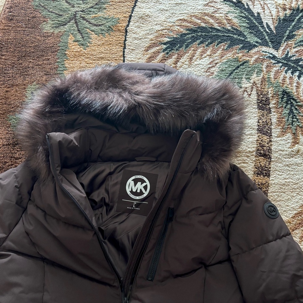 Michael Kors Chocolate Winter Puffer Coat MK Jacket Fur Hood Size S M L XL NWT - Picture 3 of 12